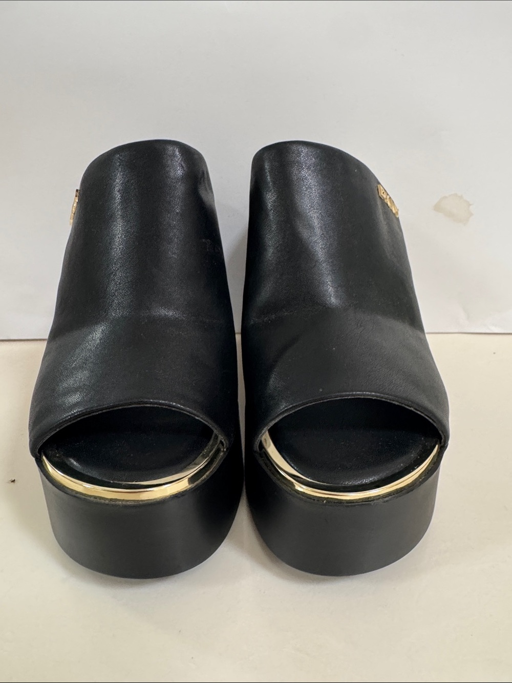 DKNY Black Platform Peep-Toe Mules with Gold Trim